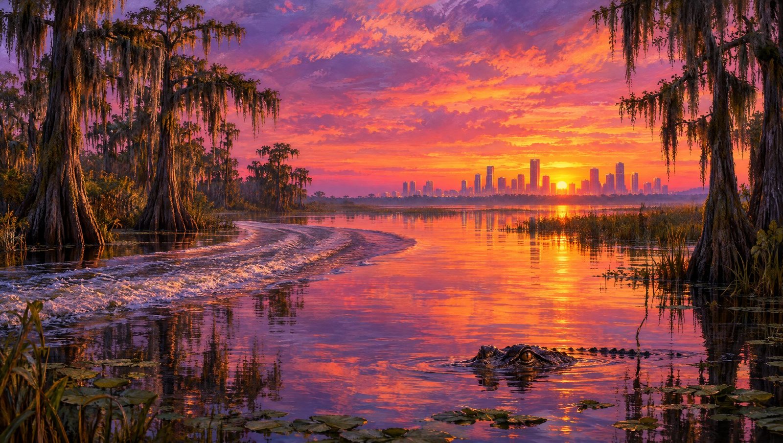 Ilustração de um pântano ao pôr do sol, com ciprestes cobertos de musgo, o rastro de um barco, os olhos de um jacaré na água e uma cidade no horizonte.