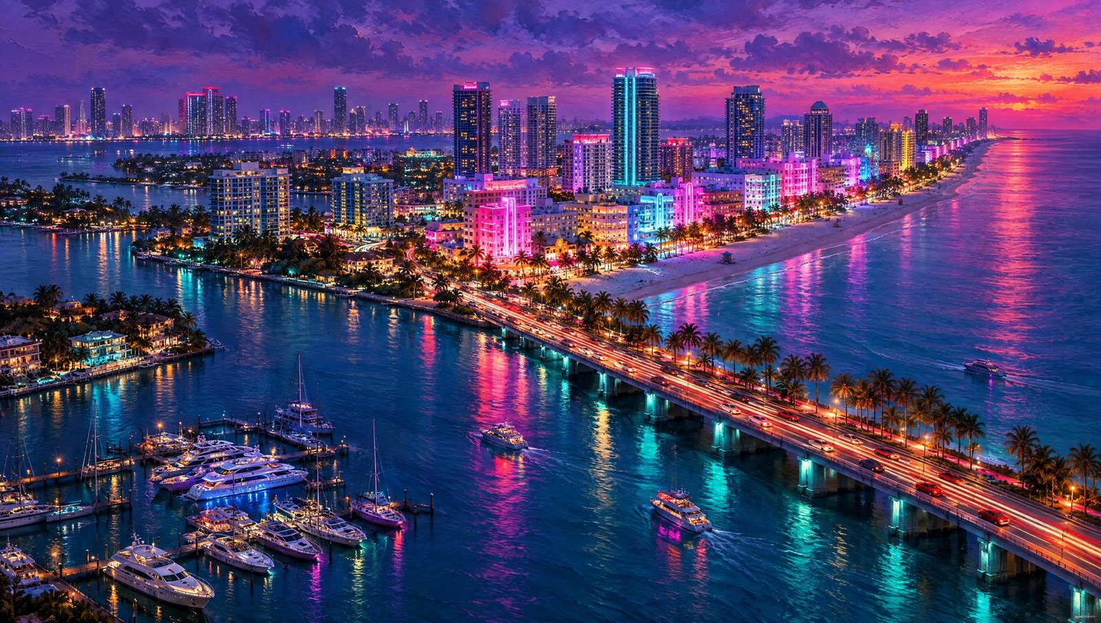 Ilustração da orla de uma cidade à noite vista do alto, com hotéis art déco em neon rosa e azul, marina com iates e uma ponte iluminada.