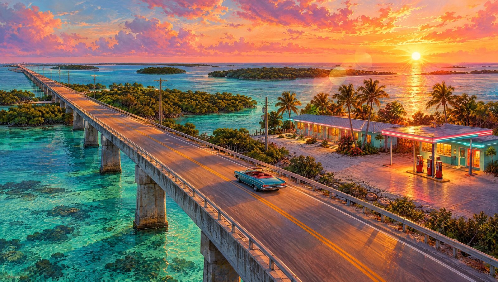 Ilustração de uma ponte rodoviária sobre mar azul-turquesa ao pôr do sol, com um carro conversível, mangues e um posto com motel de beira de estrada.
