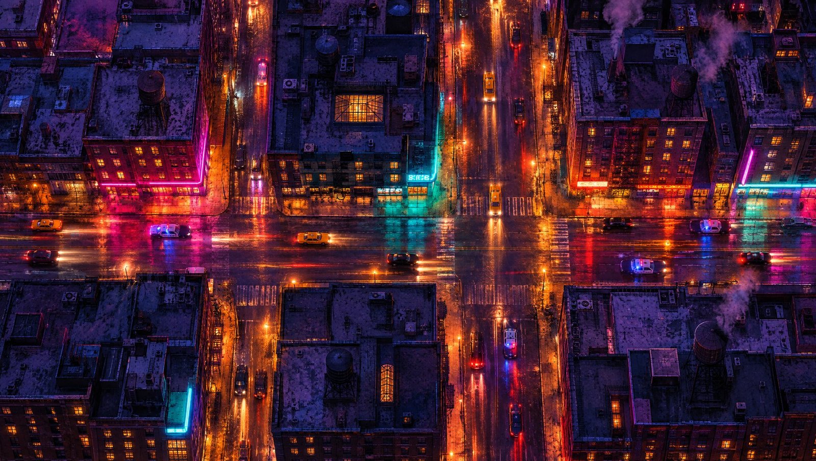 Ilustração de uma cidade americana dos anos 1990 vista de cima, à noite, com ruas molhadas, táxis e luzes de neon.