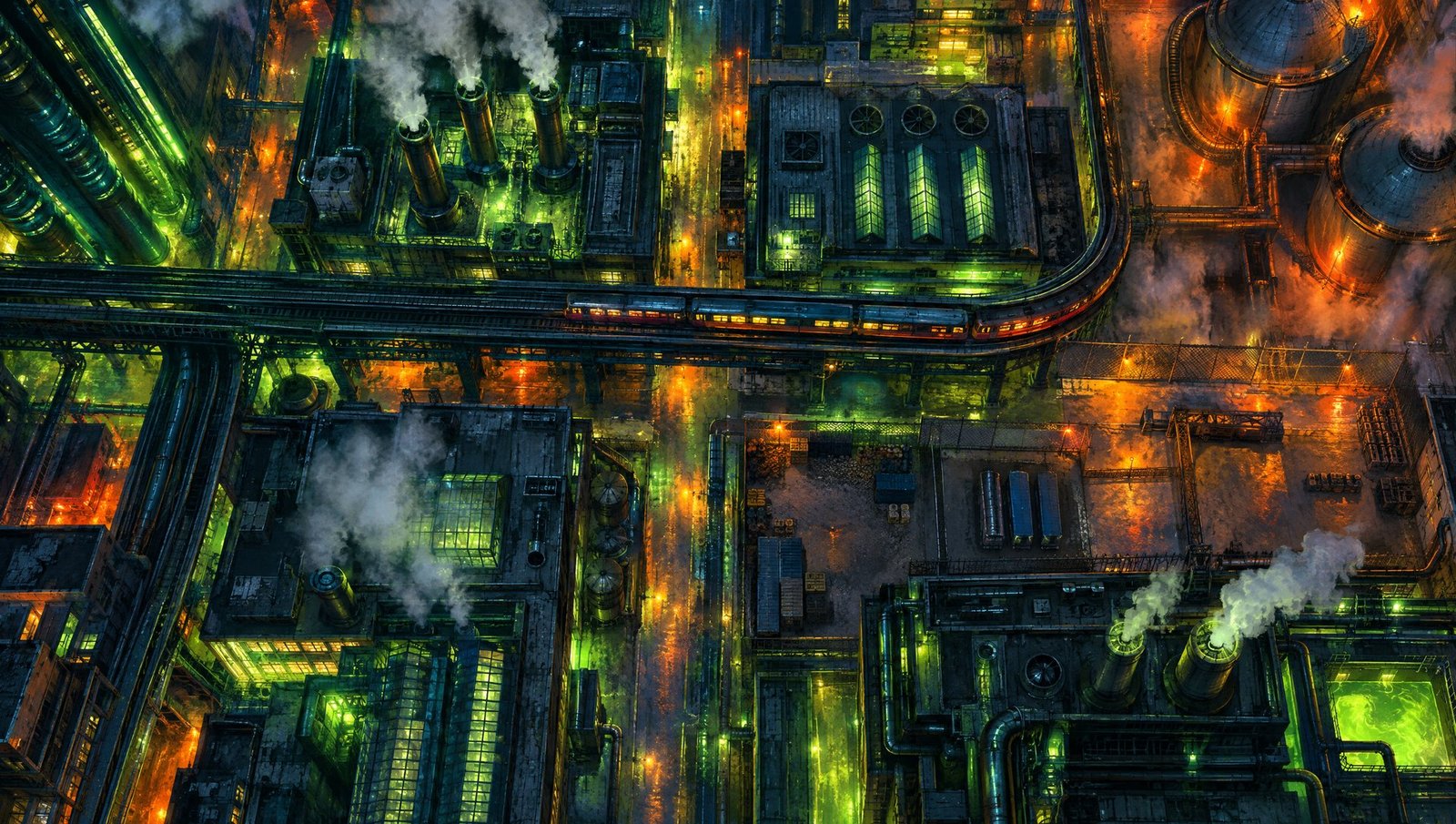 Ilustração de uma cidade industrial retrofuturista vista de cima, à noite, com trilhos elevados, fumaça e neon verde e laranja.