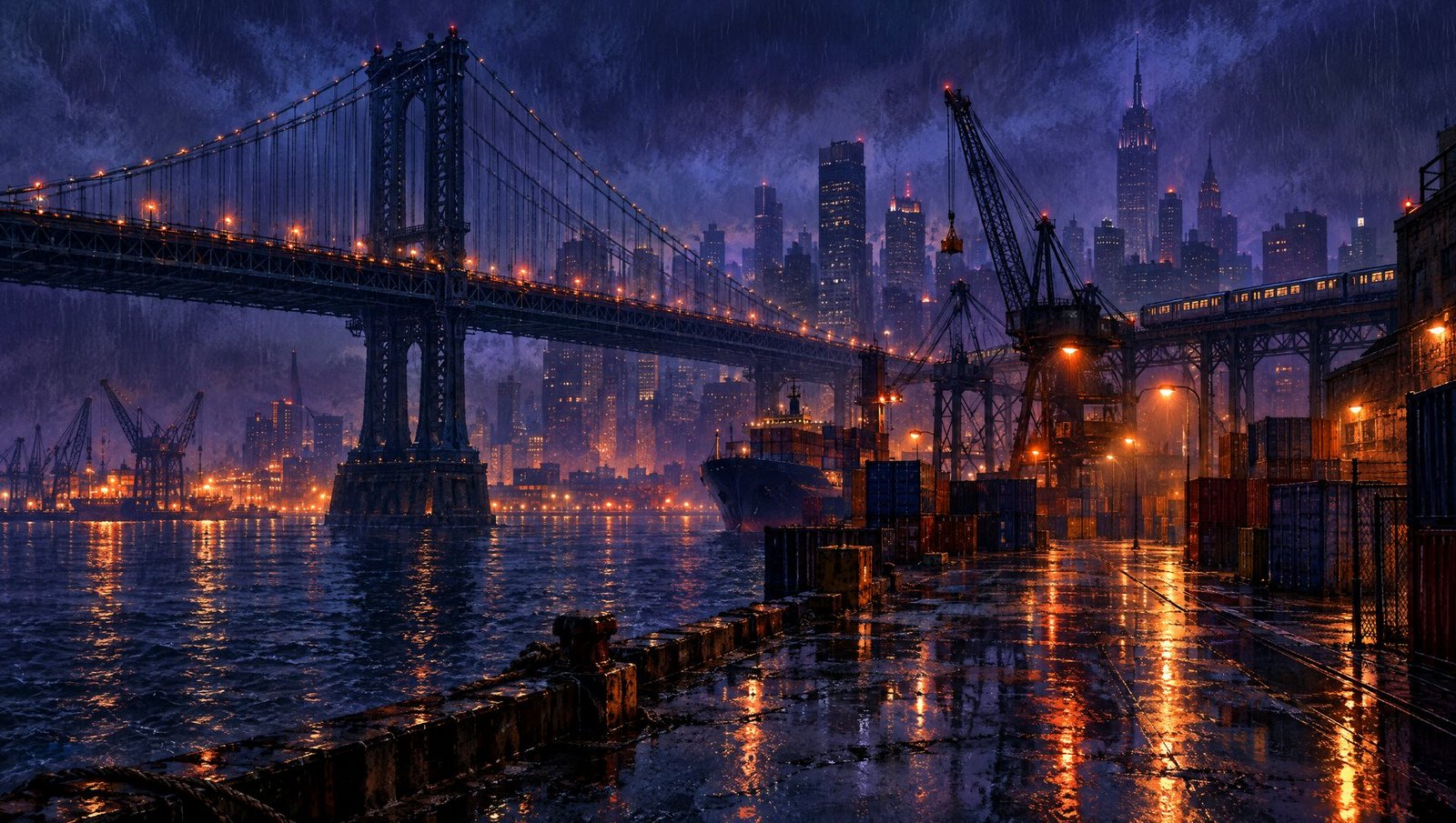 Ilustração de um porto à noite, sob chuva, com uma grande ponte pênsil, guindastes, contêineres e o reflexo das luzes no chão molhado.