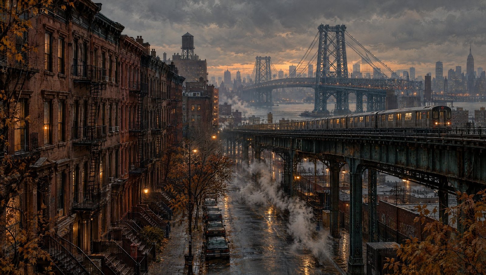 Ilustração de um bairro de casas de tijolo no fim de tarde de outono, com metrô elevado, vapor saindo da rua e uma ponte de aço ao fundo.