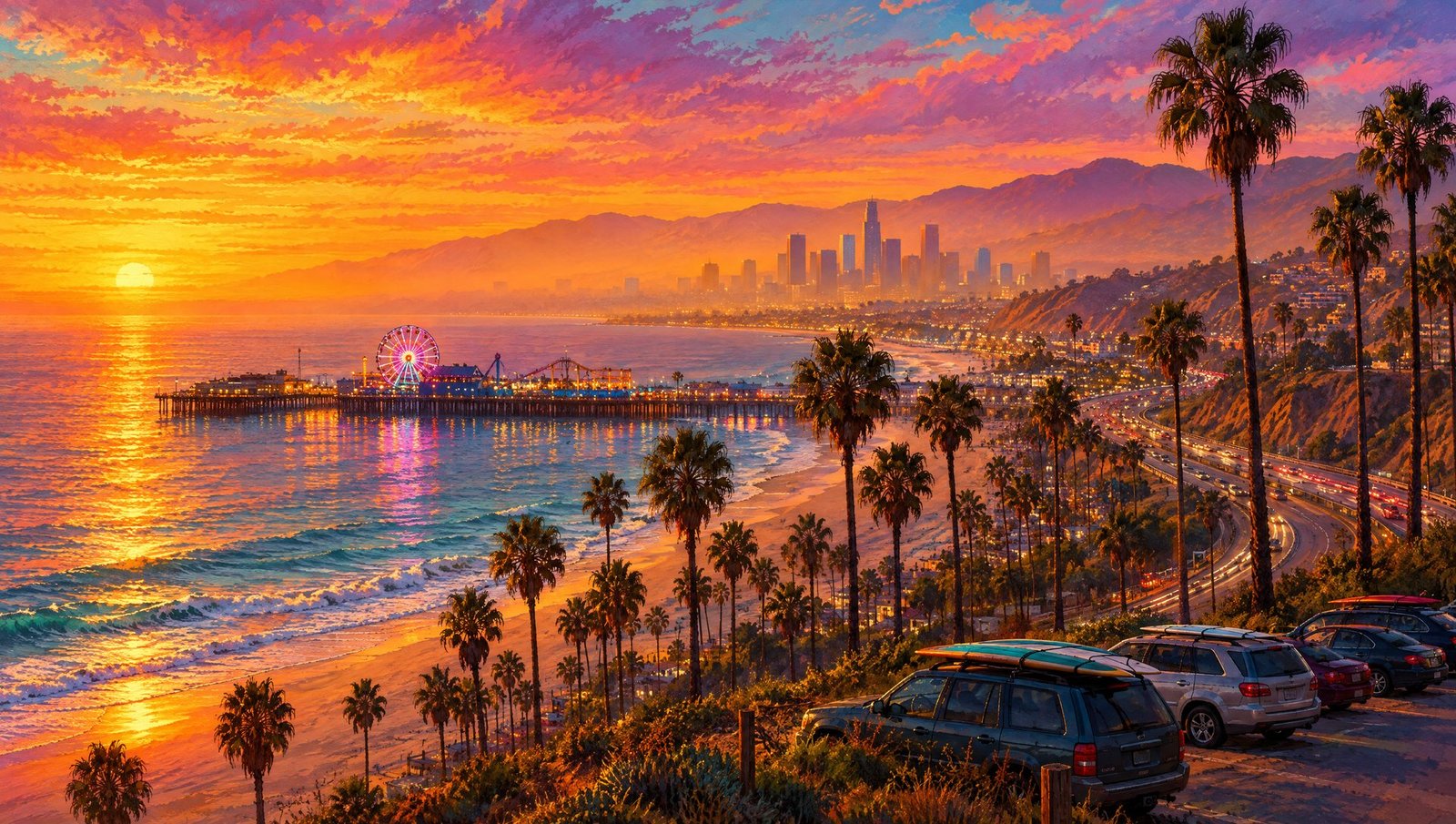 Ilustração de uma praia da Califórnia ao pôr do sol, com píer e roda-gigante, palmeiras, carros estacionados e o centro da cidade na névoa.