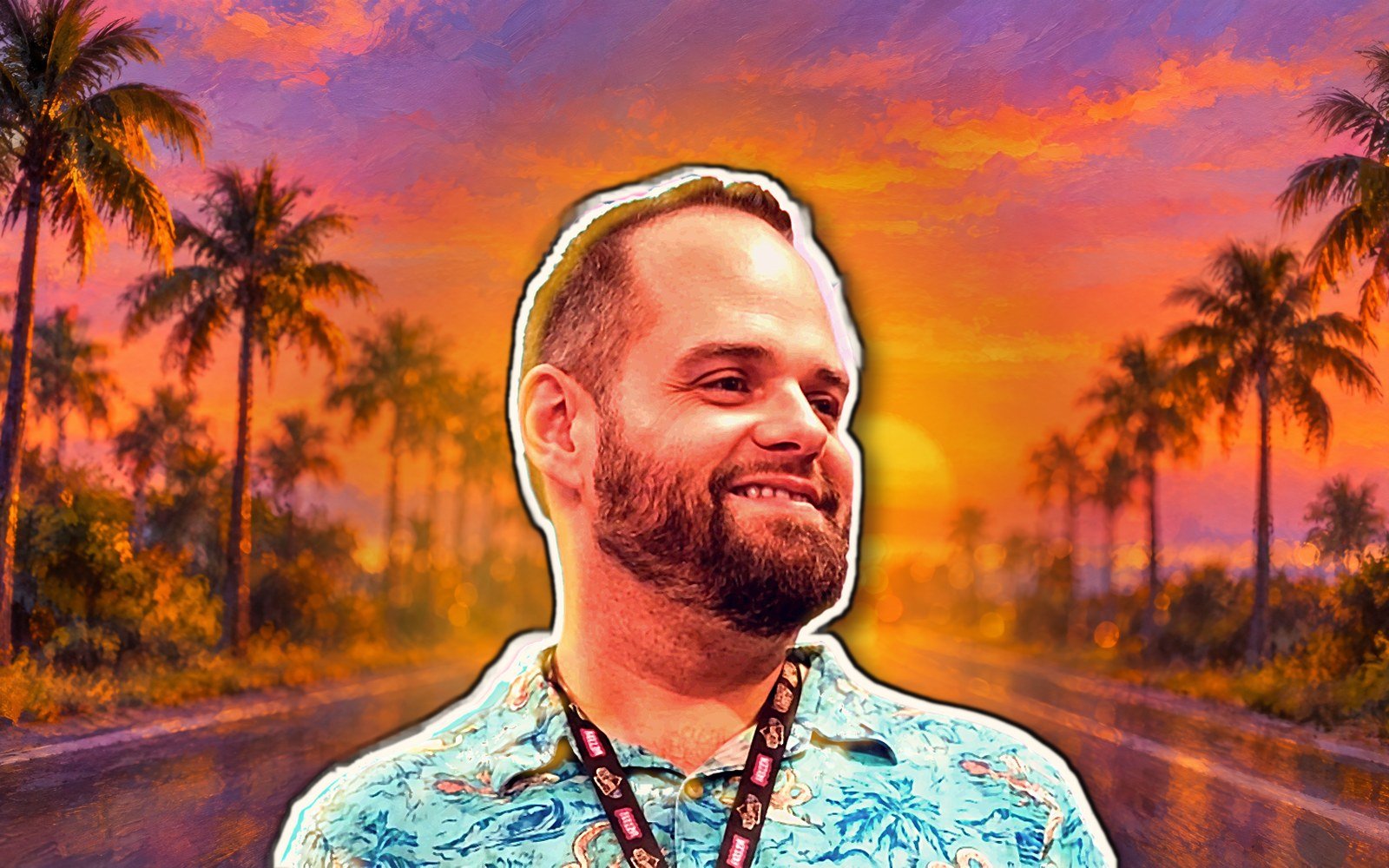 Bruno Micali, sorrindo, de camisa estampada e crachá, recortado sobre uma ilustração de estrada com palmeiras ao pôr do sol.