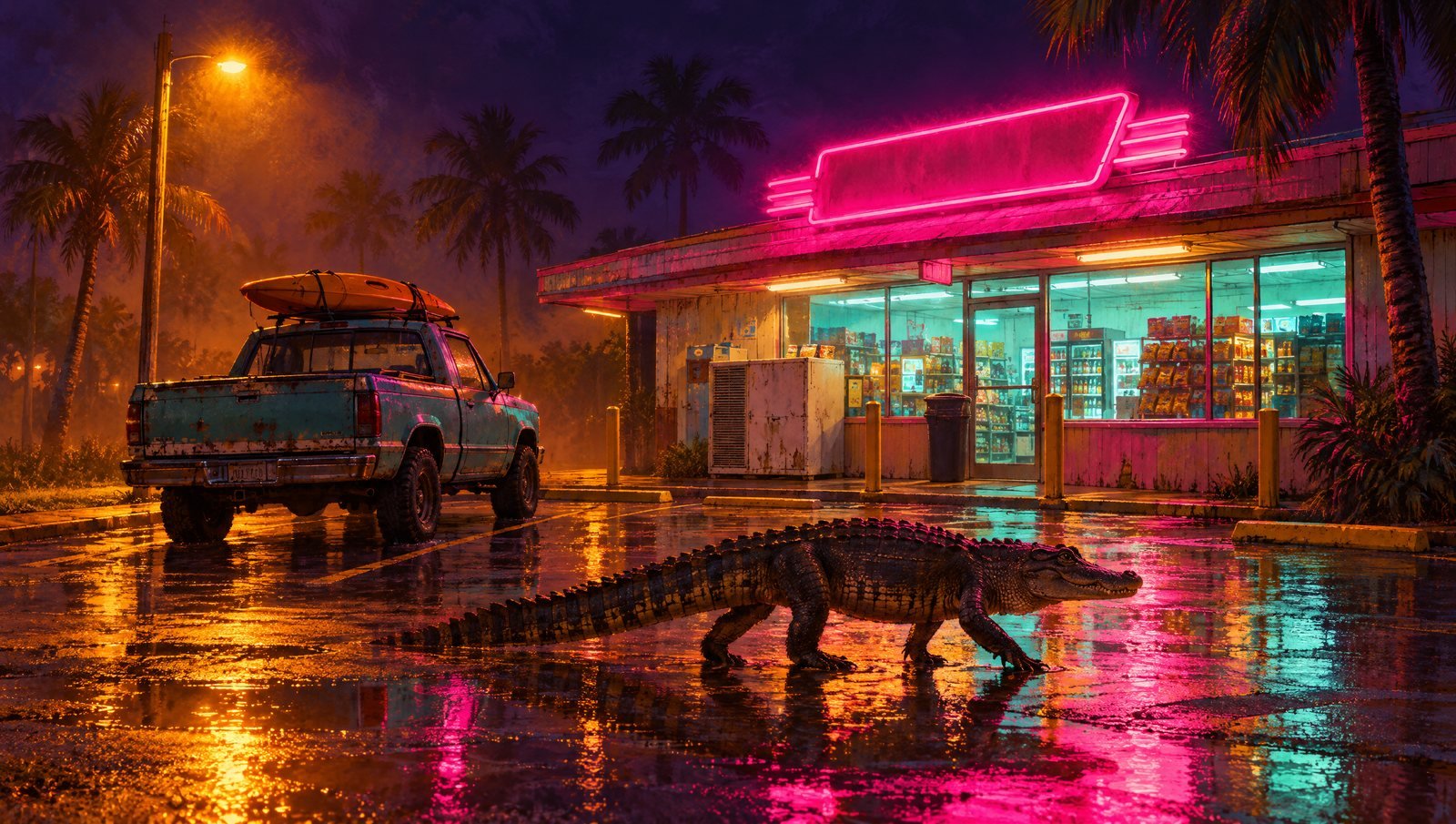 Jacaré atravessa à noite o estacionamento molhado de uma loja de conveniência com letreiro de neon rosa, ao lado de uma picape com caiaque no teto