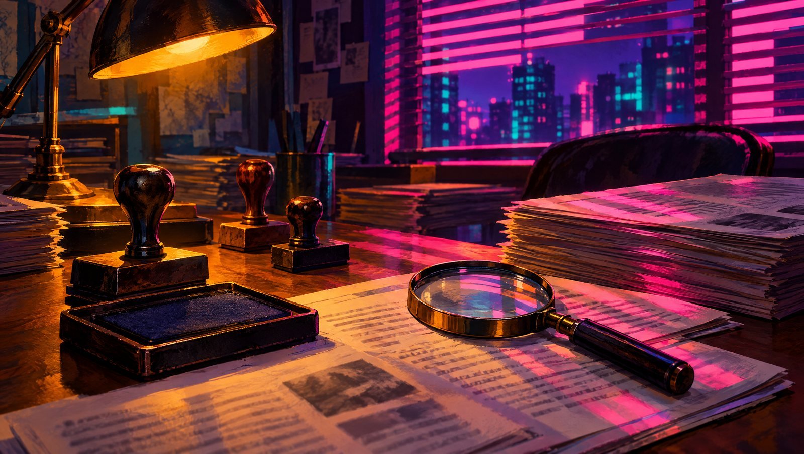 Mesa de redação à noite com carimbos, almofada de tinta, lupa e pilhas de papel sob a luz de um abajur e de neon rosa