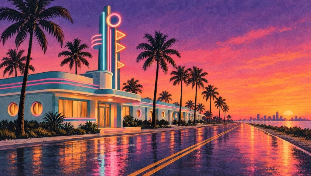 Motel de beira de estrada ao entardecer, com placa de neon e palmeiras