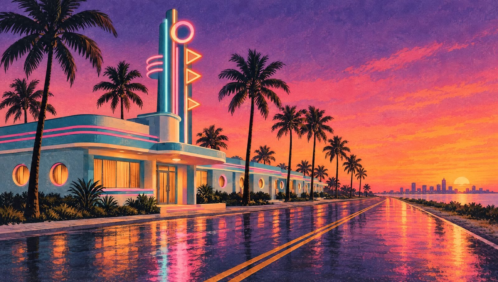 Motel de beira de estrada ao entardecer, com placa de neon e palmeiras