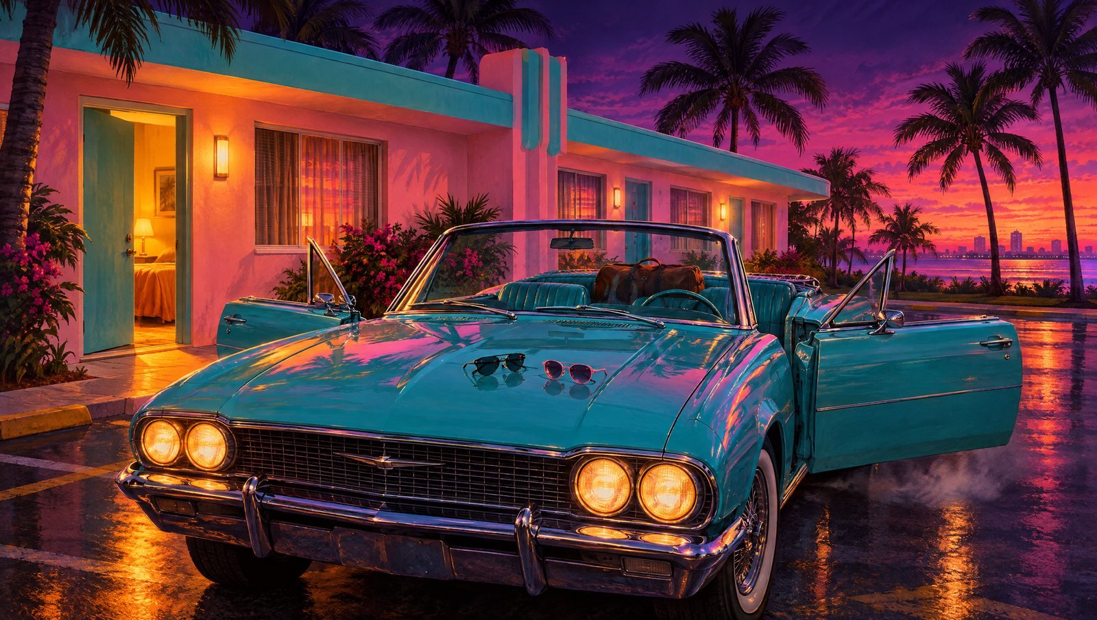 Conversível azul-turquesa de portas abertas diante de um motel art déco rosa ao entardecer, com dois óculos escuros sobre o capô